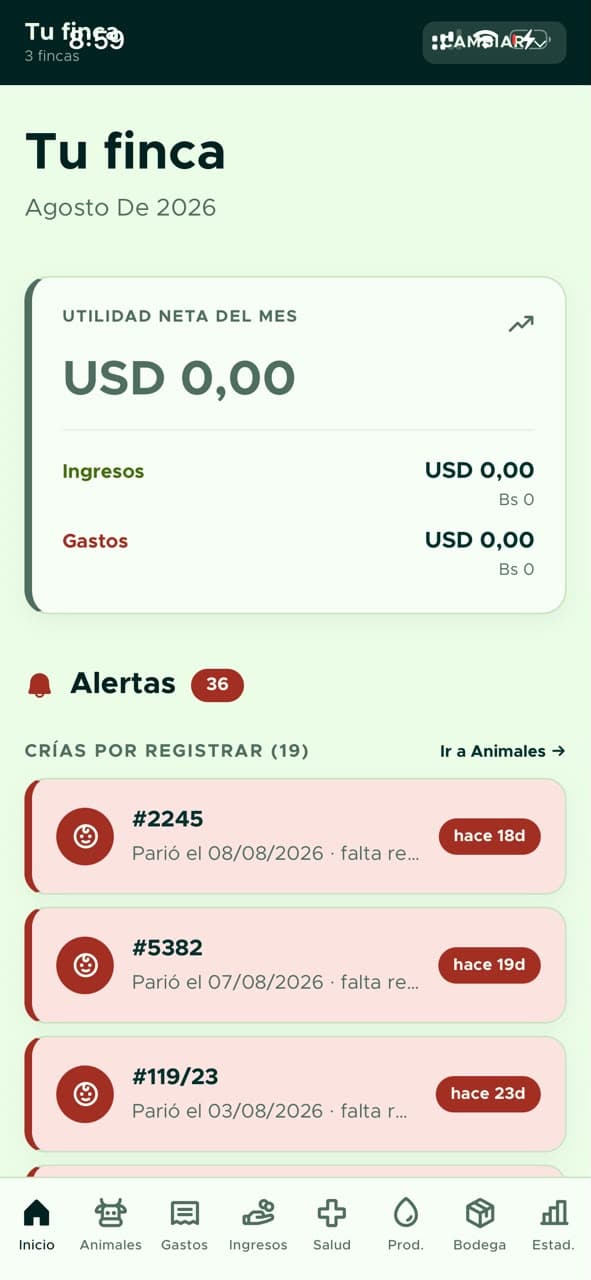 Pantalla de inicio de AGRON: utilidad neta del mes con ingresos y gastos, alertas y crías por registrar de la finca.